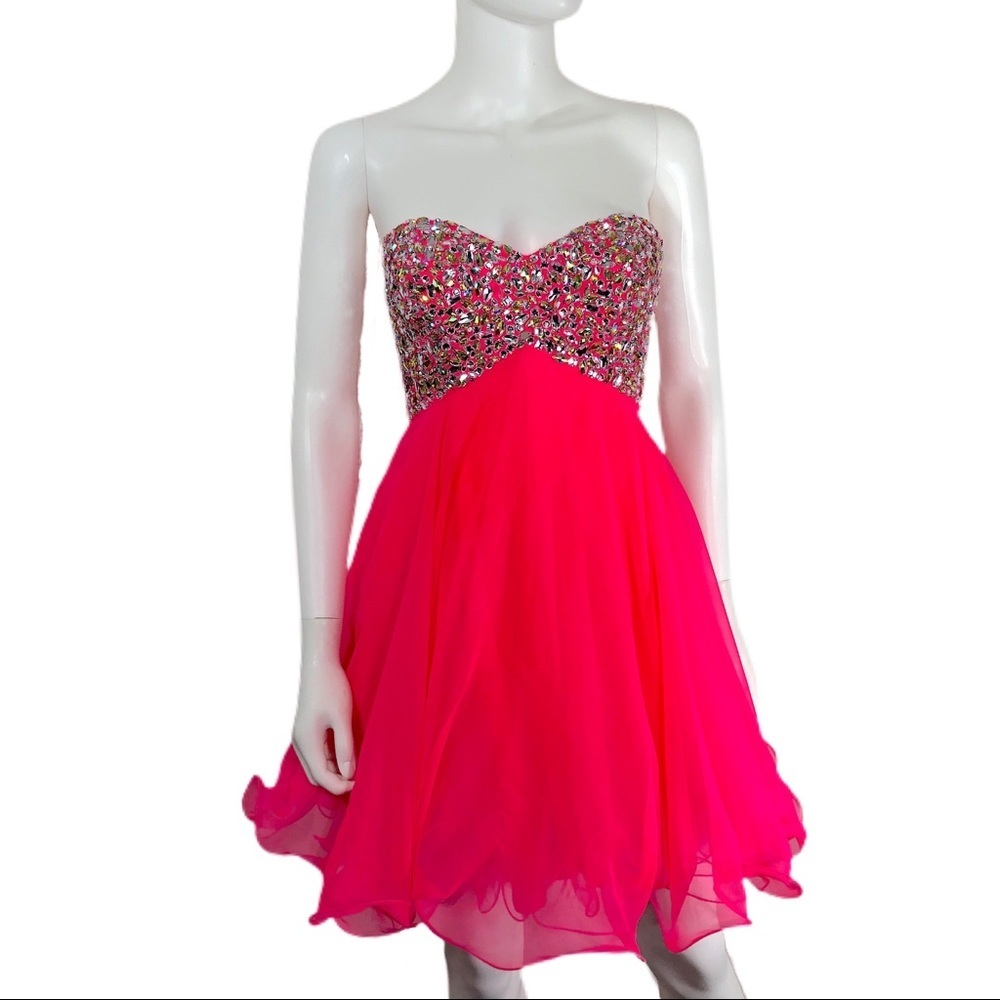 Mori Lee by Madeline Gardner Florescent Pink Rhinestone Studded Chiffon Dress